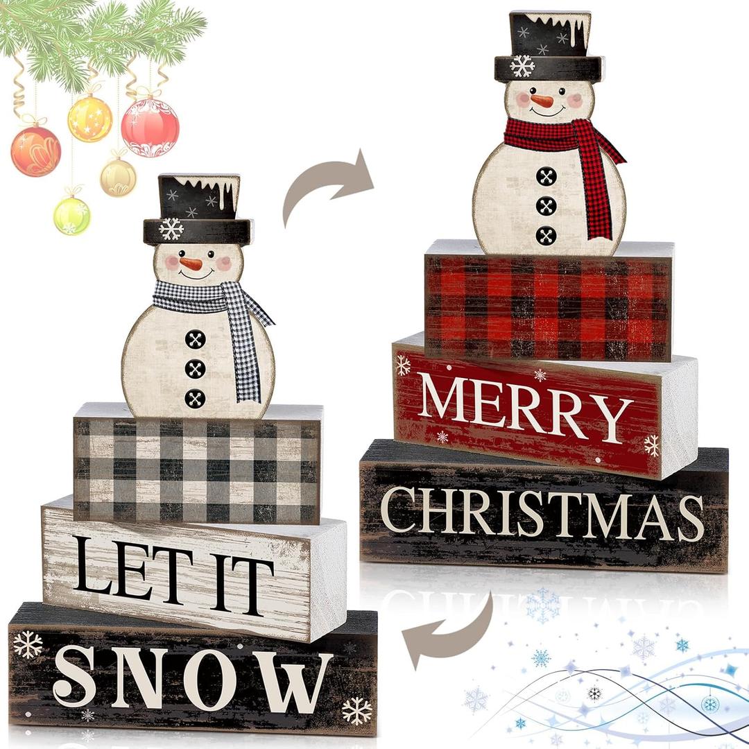 4 Pcs Winter Table Decorations Wooden Snowman Winter Tiered Tray Decor Reversible Christmas Table Centerpiece Rustic Decorative Snowman Block Signs Gift for Xmas Home Kitchen Decor