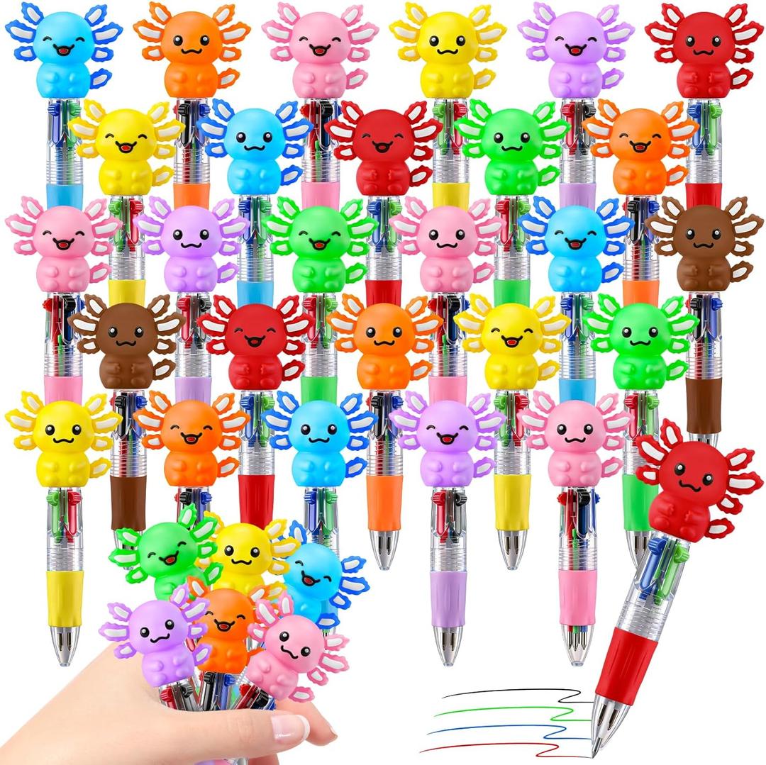 CZWZ 30Pcs Mini Multicolor Pens in One 4-in-1 Cute Pens Bulk, Ballpoint Pen for Birthdays and Parties, Fun Gifts Assorted Ink Kawaii Pen(Axolotl)