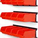 Ultrawall Wall Mounted Storage Bins, Plastic Hanging Storage Organizer Bins, Garage Tool Storage System for Screws, Nuts, Bolts, Nails, and Small Hardware Parts, 12x bins & 3 x Rails, Red