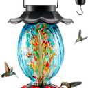 Solar Hummingbird Feeder - 49 fl.oz Hand Blown Glass Color Changing - 7 Feeding Ports with Perch - Never Leak - Perfect Hummingbird Feeder for Outdoors Hanging (Blue)