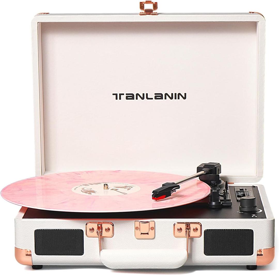 Vinyl Record Player Bluetooth Vintage 3-Speed Portable Suitcase Turntables with Built-in Speakers, Belt-Driven LP Player Support USB Recording AUX-in RCA Line Out Headphone Jack, White