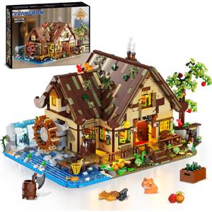 Wood Cabin Mini Building Set with Lights, Forest House Building Block Kit with Animals Stream Waterwheel, 2570 PCS Treehouse Construction Model Toy Collection for Adults Teens Boys Girls 12+