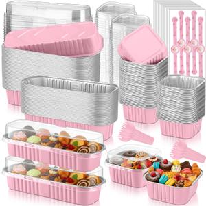 LemonRoad 120 Sets Mini Loaf Pan with Lids and Spoons 6.8oz Rectangular Aluminum Foil Bread Pan 5oz Square Cake Cup with Decal Disposable Baking Supply for Graduate Wedding Birthday (Pink)