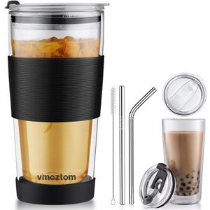 Double Wall Glass Tumbler with Straw and Leak-proof Lid, 17 oz Borosilicate Glass Coffee Travel Mug, Clear Reusable To Go Cup, BPA-free, Microwave Safe