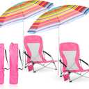Huwena 2 Pack Beach Chairs with Umbrella for Adults, Low Folding Chair Set, Adjustable Detachable Umbrella, Lightweight Portable with Cup Holder & Carry Bag, for Beach Camping Travel(Rose Red)