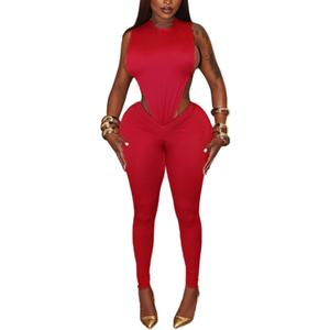 Sexy 2 Piece Sets for Women Sleeveless Hollow Out Bodysuit Top Bodycon Ruched Leggings Set Jumpsuit Club Outfits (Red, XXL)
