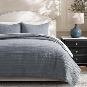 EVERGRACEHOME 100% Cotton Modern Lines Quilt Set King Size, Smoky Blue | Pre-Washed Soft Cotton, Striped Coverlet Bedspread, 3 Piece Lightweight Bedding Set for All Season, with 2 Pillow Shams