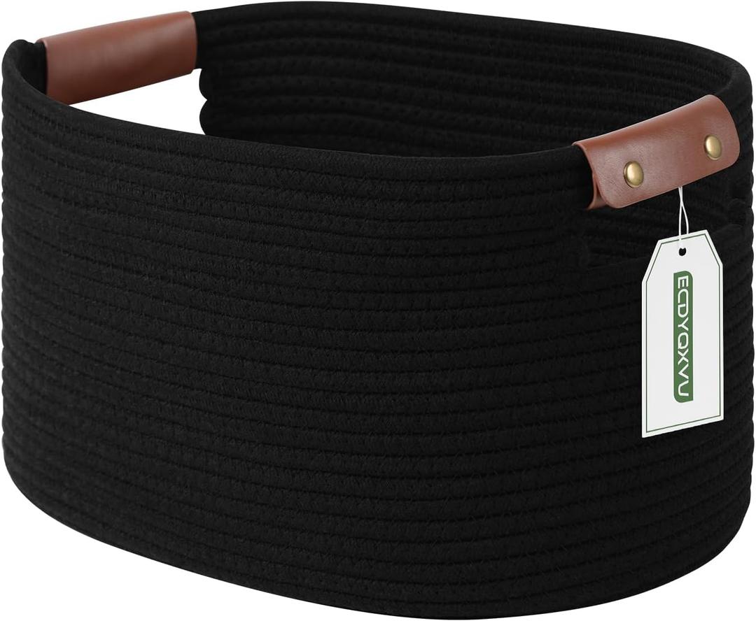 ECDYQXVU Cotton Rope Basket, Storage Baskets with Handle, 15x10x9 Inch Woven Basket for Shelves, Laundry, Towels, Clothes, Books (Black, 1 Pack)