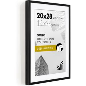 Americanflat 20x28 Picture Frame with Polished Plexiglass - Use as 16x24 Frame with Mat or Display 20x28 Photo Without Mat - Soho Collection - Deep Molding Picture Frames for Wall Display - Black