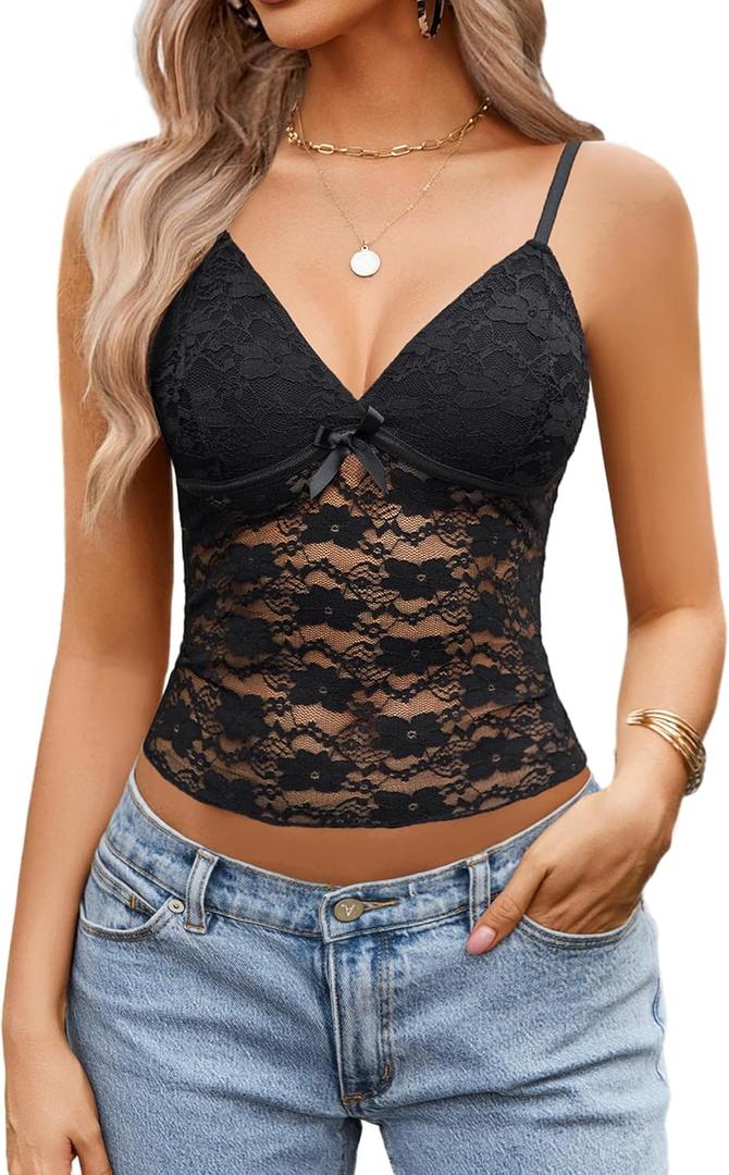 Avidlove Lace Tops for Women V Neck Camisole Top Sleeveless Y2k Tank Going Out Outfits 2025 Trendy (Large, Black)
