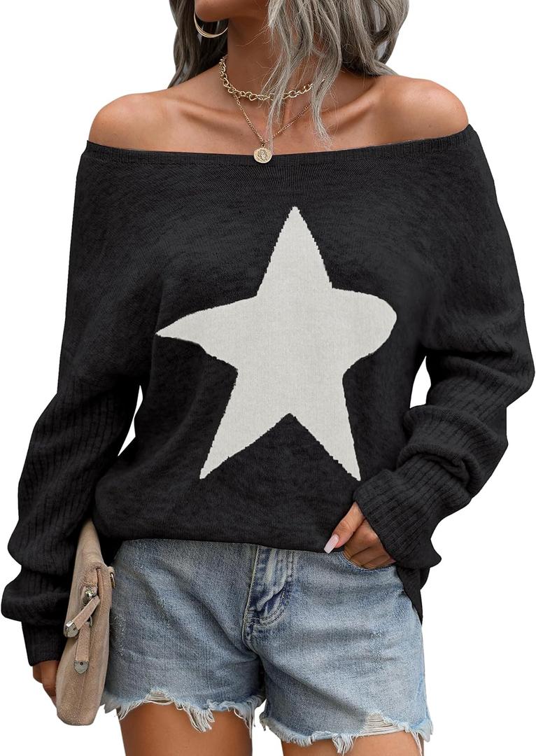 Blooming Jelly Women's Off The Shoulder Sweaters Cute Fall Tunic Tops Knitted Pullover Sweater (Black, M)