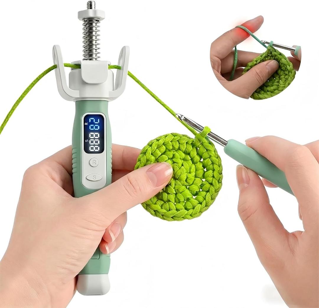Crochet Tension Tool with Row & Stitch Counter, Rechargeable Yarn Guide Regulator for Even Tension, Ergonomic Finger Relief for Arthritis & Beginners, Left Right Handed Crochet Accessories