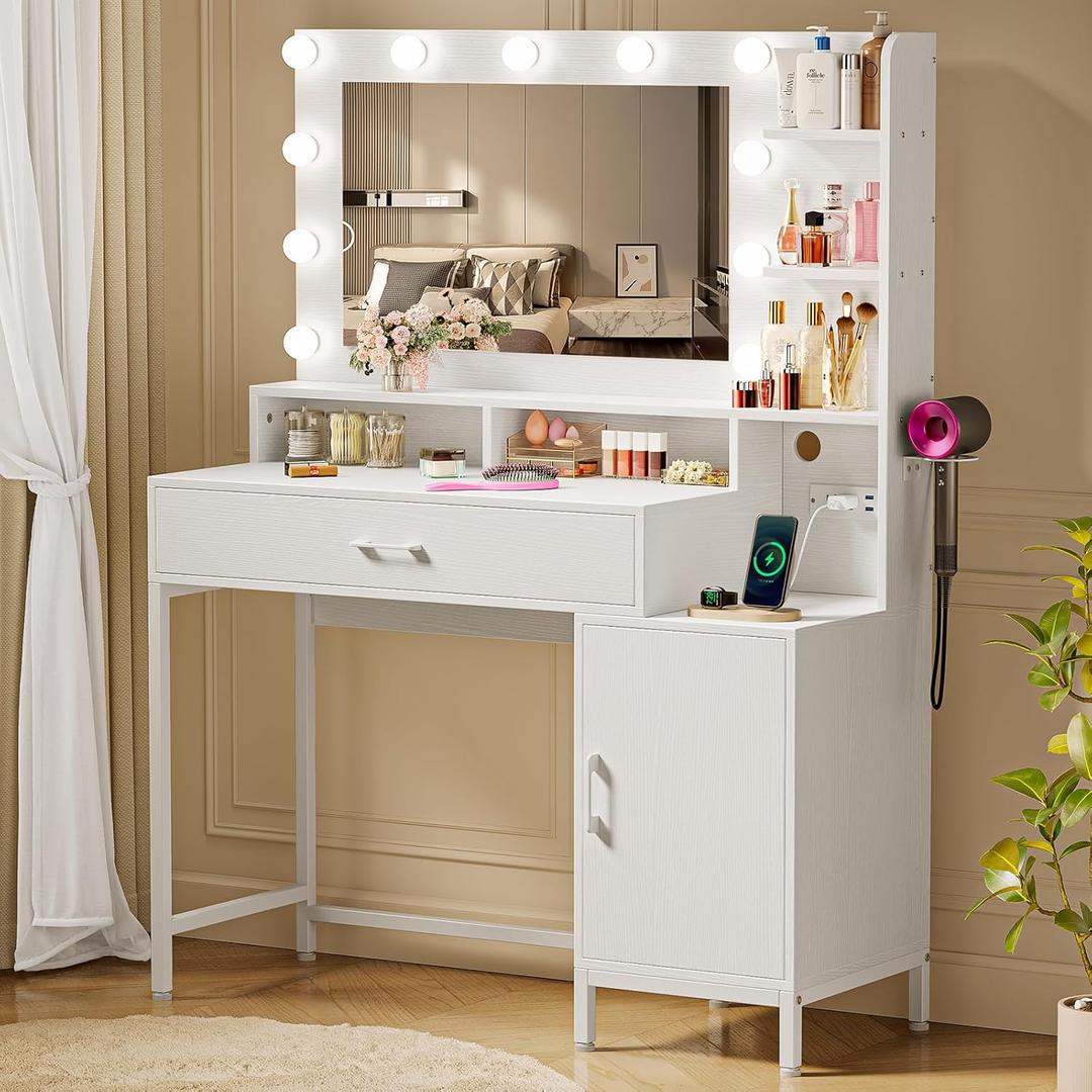 Vanity Desk with Mirror and Lights, Makeup Vanity with Storage Drawer, Power Outlet and Large Cabinet for Bedroom - White