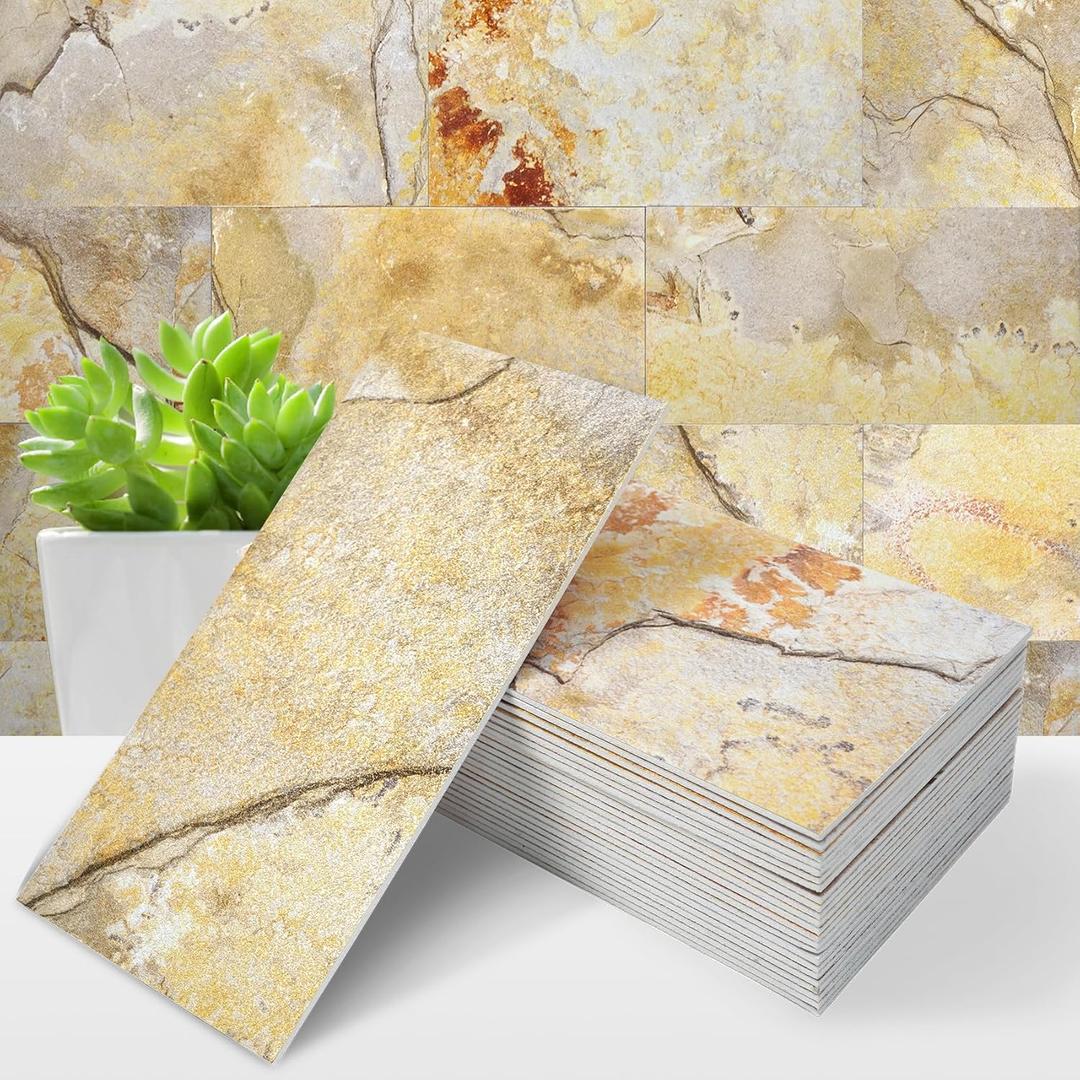 STICKGOO 50-Piece Subway Tile Peel and Stick Backsplash, 4"x 8" Thickened PVC Stick on Tiles for Kitchen, Bathroom, Camper, FireplaceRustic Gold Slate