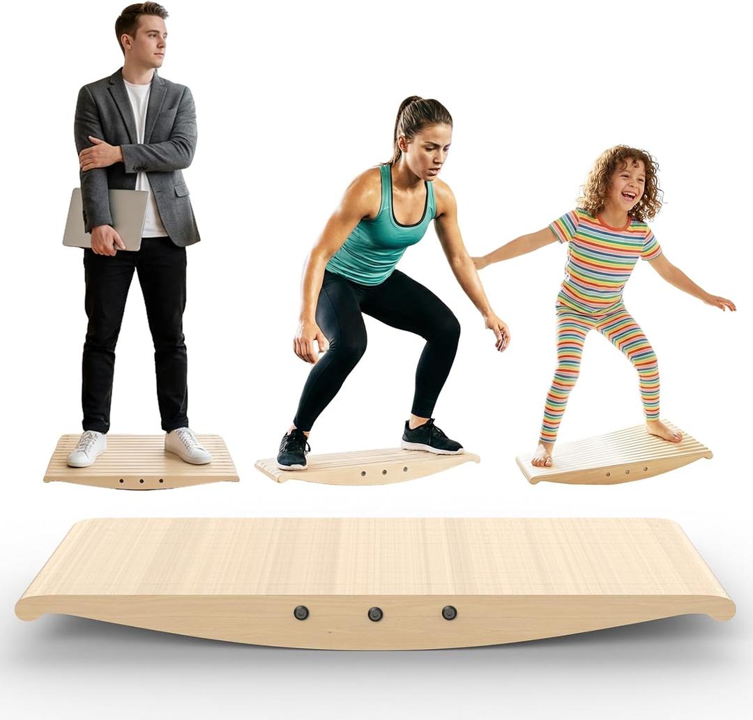 Wood Balance Board for Standing Desk - 360 Wobble Board for Anti-Fatigue & Core Strength Training - Anti-Slip Rocker for Surf, Skate & Ski Simulation, Supports 330lbs