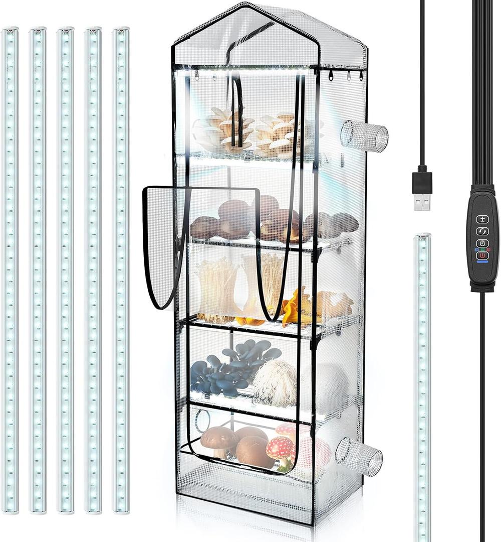 Windyun 5 Tier Extra Tall Mushroom Grow Tent Kit with Light & Timer, 80 x 19 x 27 Inch & 6500k Greenhouse with LED Grow Light, 4" Vents & Built in Humidifier Ports for Indoor Outdoor Mushroom Tent
