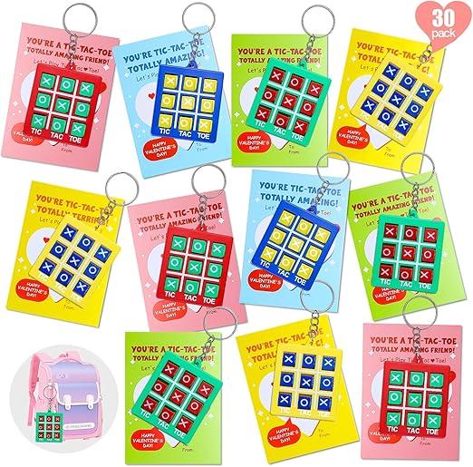 Valentines Day Gifts for Kids Classroom - 30 Pack Tic Tac Toe Game Keychain Valentine for Kids Class, Tic Tac Toe Valentines Day Cards for Party Boys Girls, Gifts for Classroom Exchange
