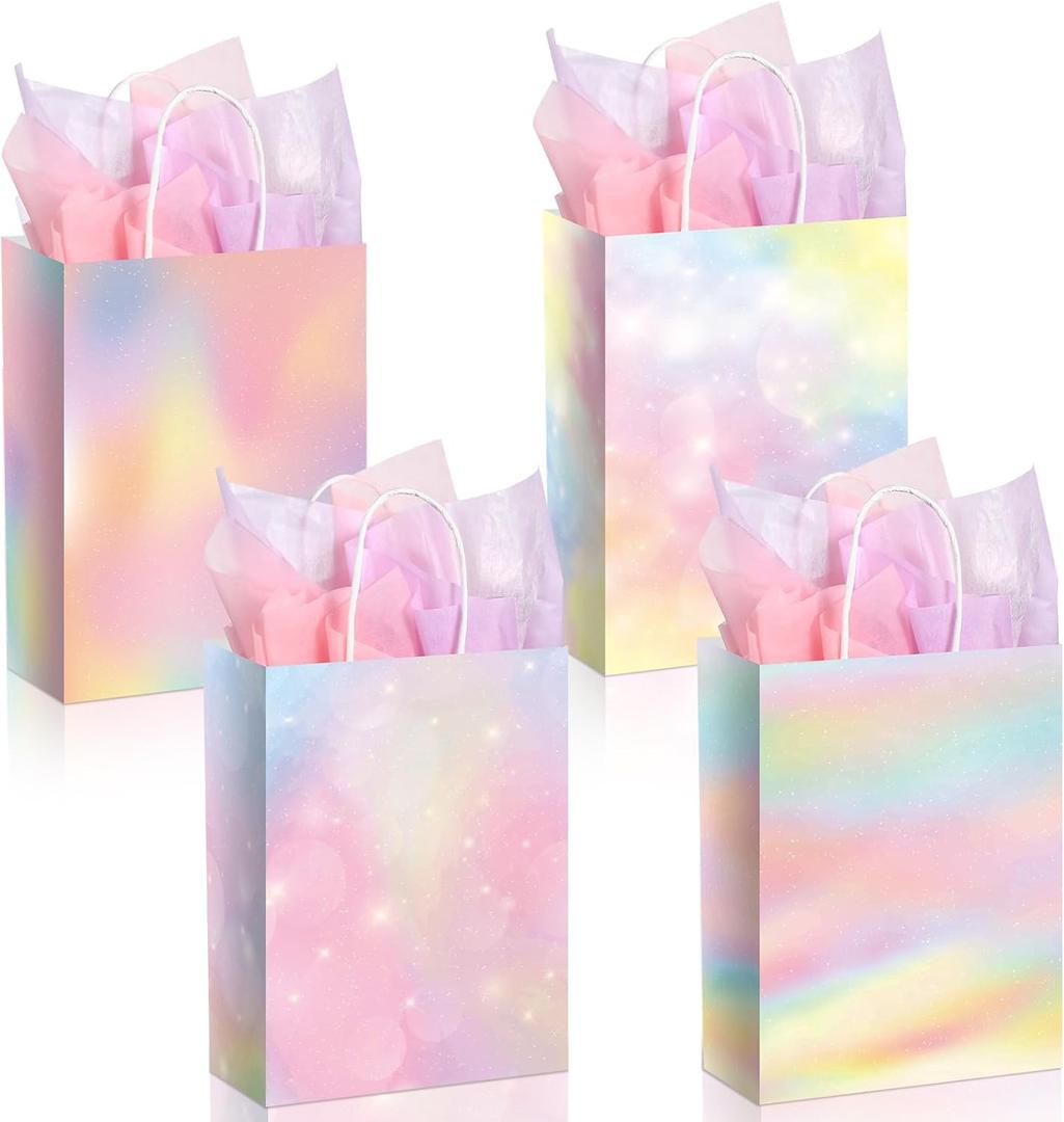 Maitys 24 Pcs Pastel Rainbow Goodie Bags with Tissue Paper, Spring Easter Party Favor Bags Rainbow Party Favor Bag Pastel Gift Bag for Kids Girls Spring Unicorn Birthday Wedding Baby Shower Decor