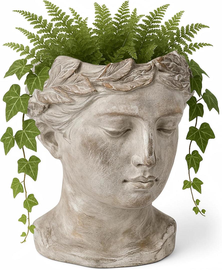 WHOLE HOUSEWARES Women Head Planter for Plants Set of 1-8" x 6" x 6" Artistic Greco-Inspired Vase - Grey Cement Planter for Indoor and Outdoor - Multifuntional Home Display Pot with Face Design