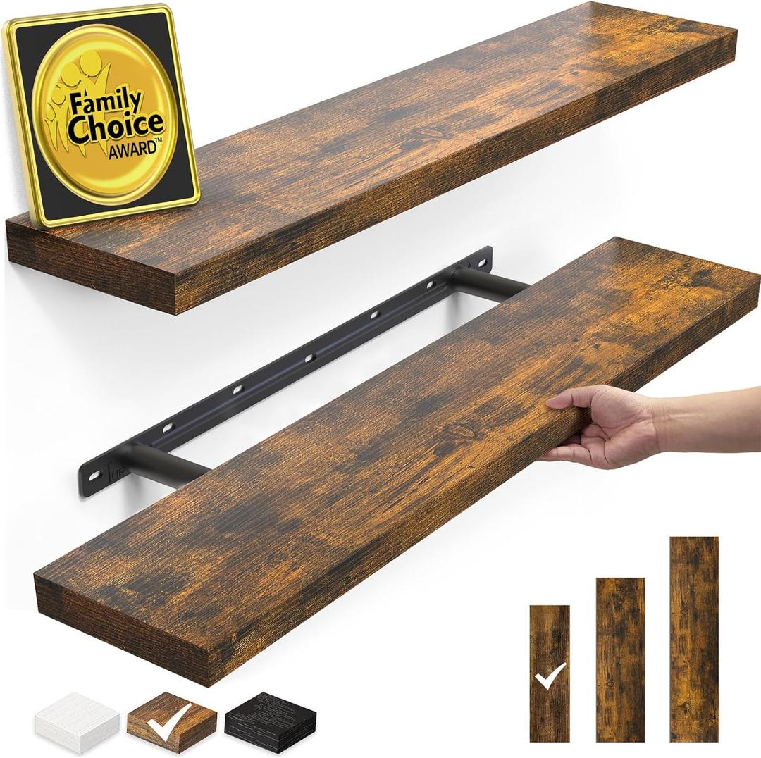 BAYKA Floating Shelves Set of 2, 22.5" Rustic Wood Wall Mounted Shelves for Bathroom, Bedroom, Living Room, Kitchen & Office, Hanging Display Shelf with 22 lbs Capacity (Rustic Brown)