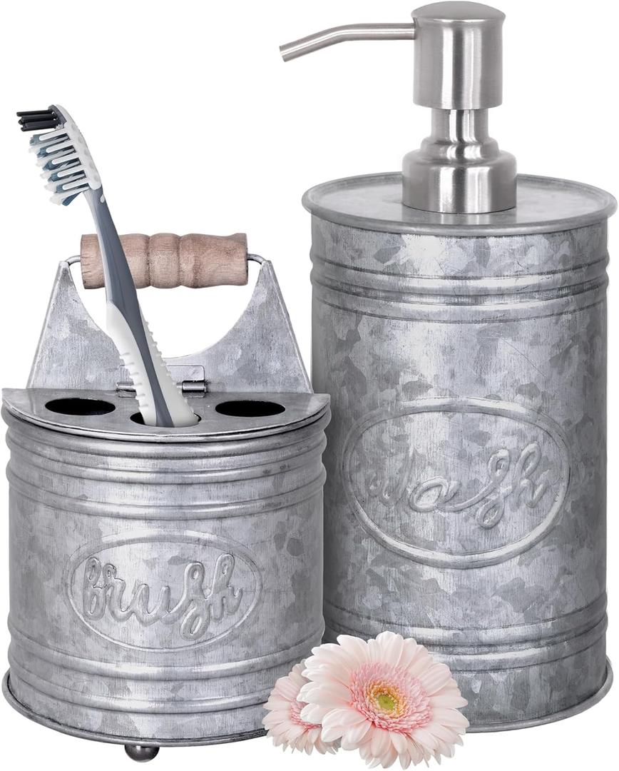 Autumn Alley Rustic Bathroom Accessories Set - Farmhouse Bathroom Soap Dispenser and Toothbrush Holder Set - Western Bathroom Accessories, Farmhouse Decor for Bathroom Countertop, Galvanized Grey