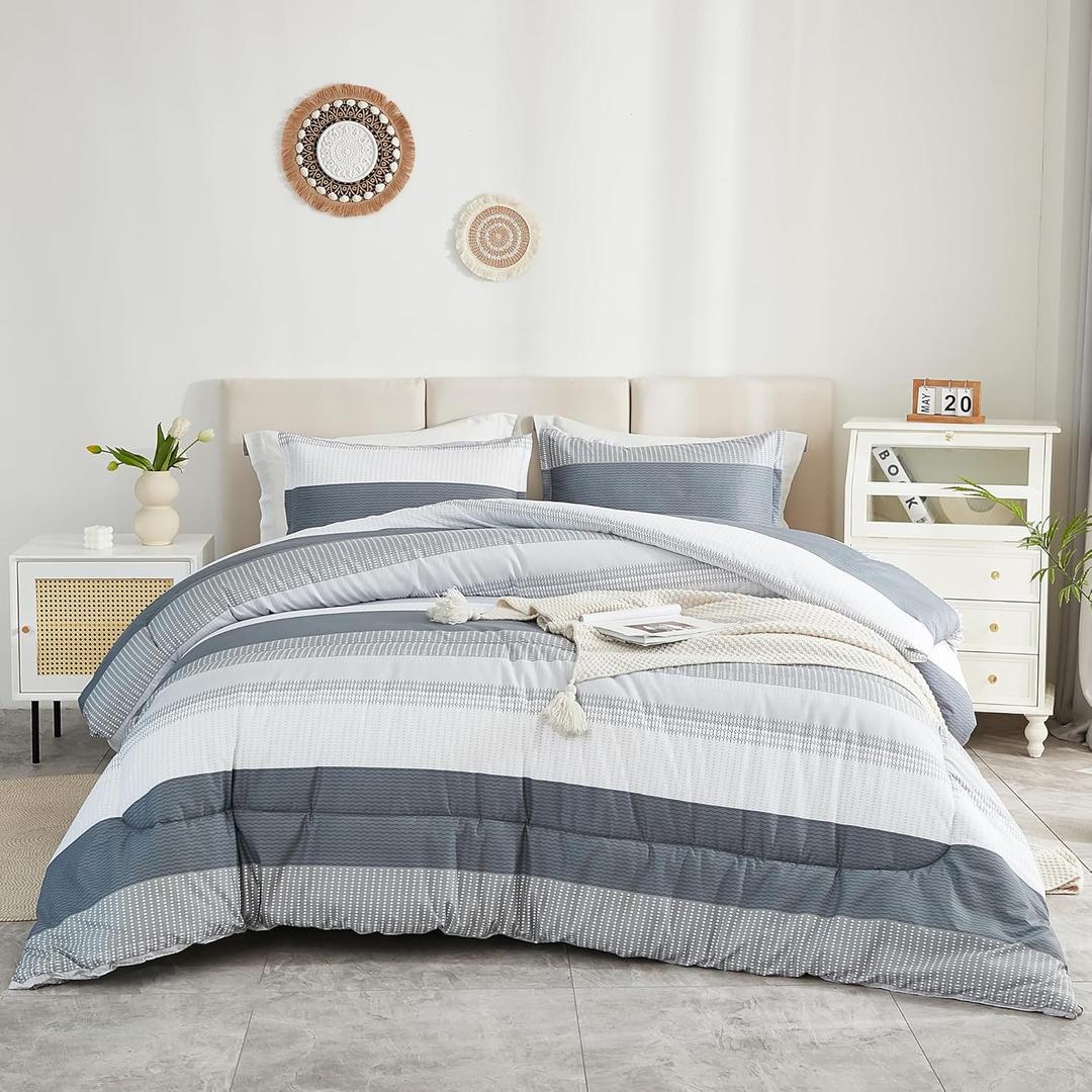 Litanika Comforter King Size Bed Set Light Grey - 3 Pieces Lightweight Bedding Comforter Sets Gray White Colorblock Stripe Fluffy All Season Bed Set