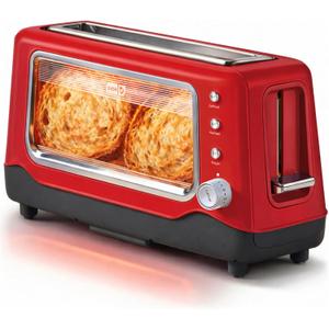 Dash Clear View Toaster - Features Large Window & Extra-Wide Slots - Auto-Shut Off Feature - Bagel Functions, & Seven-Browning Levels - 1-Touch Defrost - Red