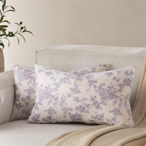 100% Cotton French Pastoral Lumbar Throw Pillow Covers Set of 2, 12x20 Inch Purple Farmhouse Decorative Cushion Covers for Sofa Bed Living Room Home Decor