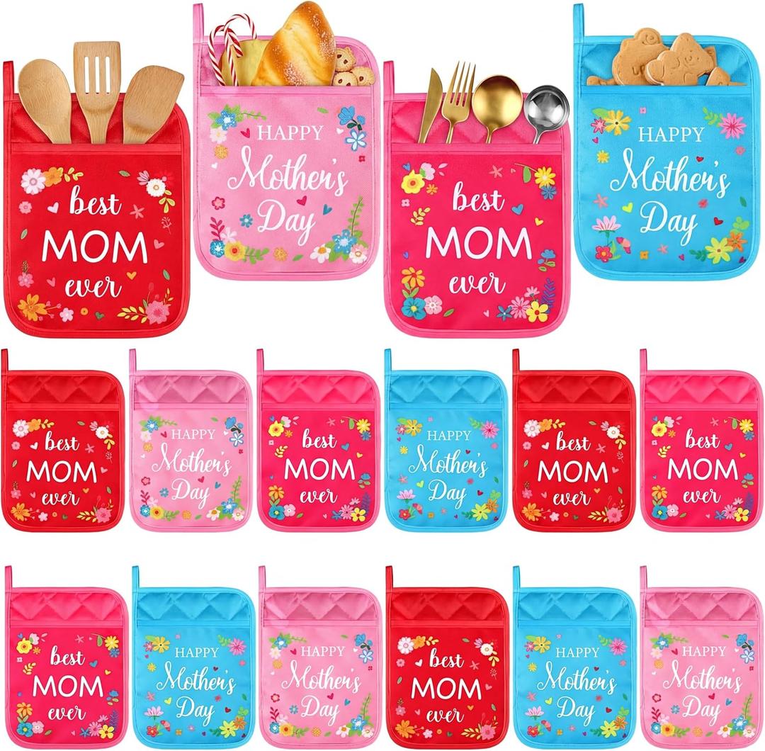 LemonRoad 12 Pcs Mother's Day Church Gifts Bulk Floral Pot Holders with Pocket Best Mom Ever Hot Pads Baking Supplies for Mom Mother's Day Church Appreciation Gifts Favors