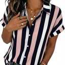 Zeagoo Womens Tops Short Sleeve Shirts Button Down Casual Blouses V Neck Outfits Summer Spring Clothes 2026 (Medium, Stripe3)
