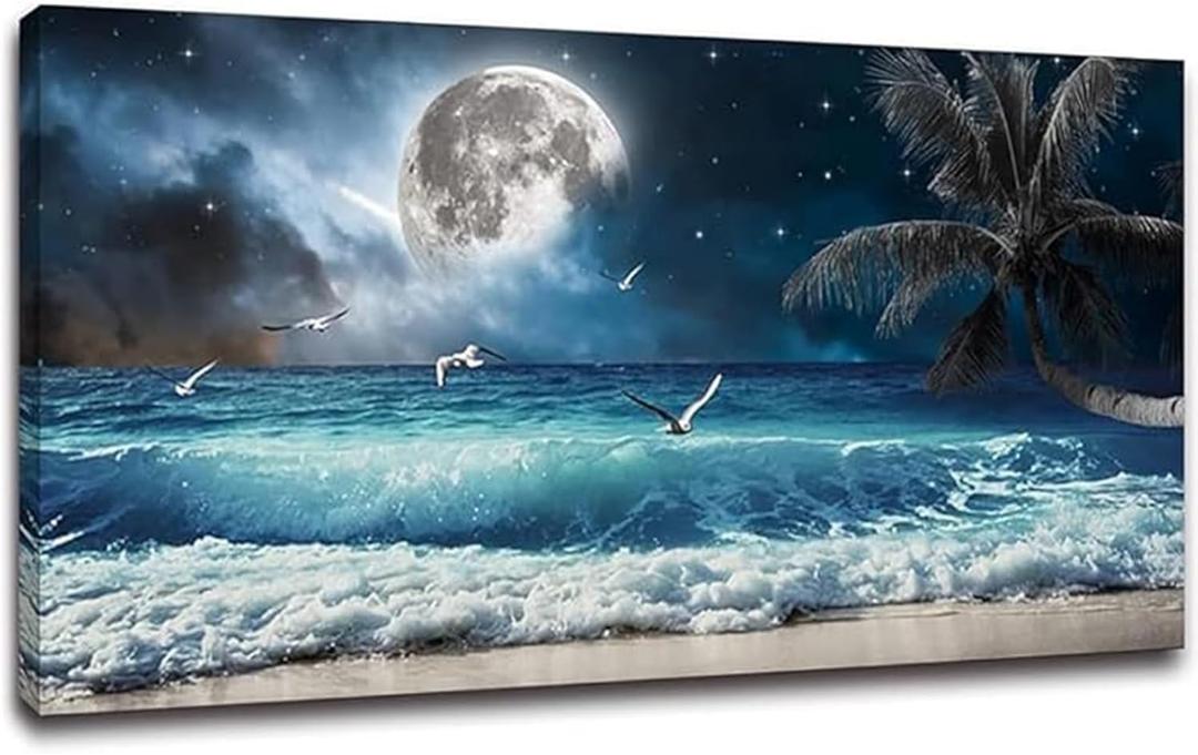 Yxbhhym Moon Ocean Decor Beach Wall Art Seascape Painting Sea Canvas Poster Prints Landscape Plam Pictures Artwork for Living Room Decor Wall Decorations large Framed Wall Art -20x40inches (40L" x 20W", Blue Ocean Wall Art)
