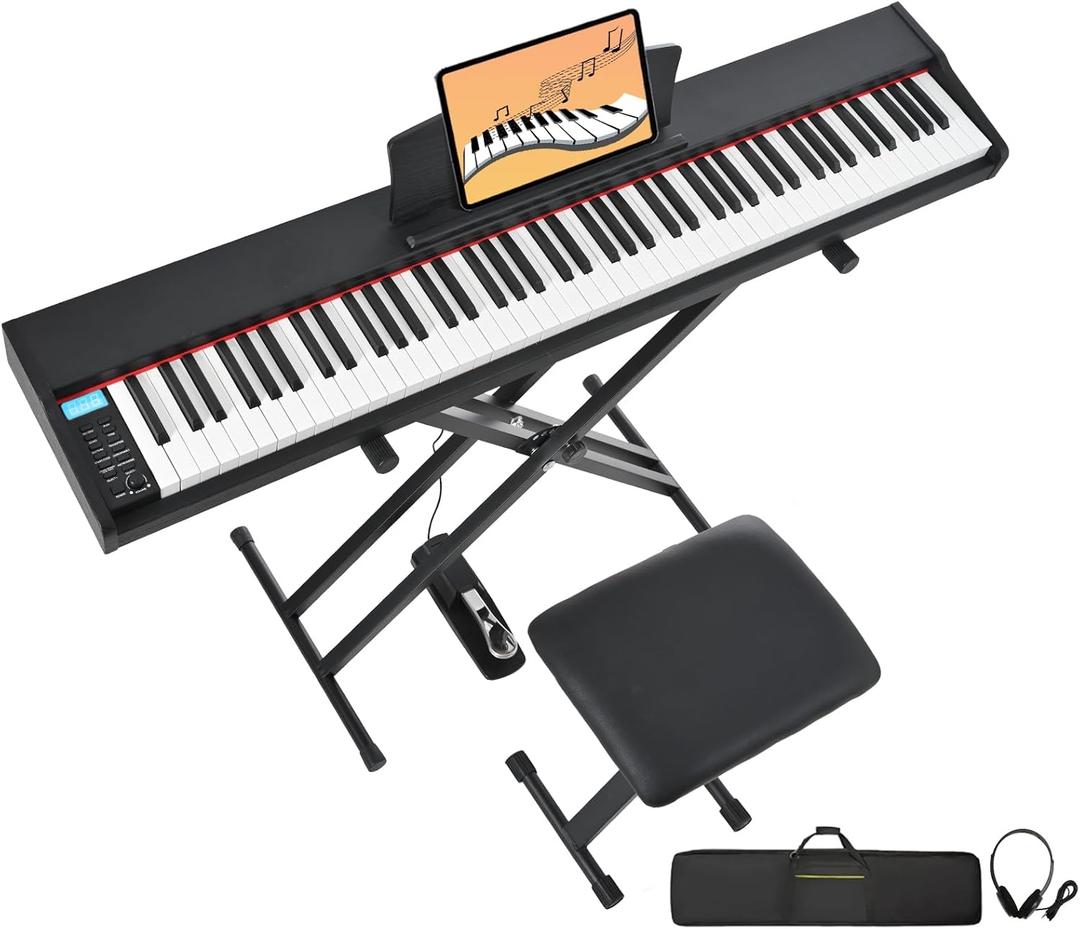 Digital Piano 88 Key Weighted with Piano Bench, 88 Key Full Size Semi Weighted Keyboard Piano, Electronic Piano for Beginner,with Adjustable Stand,Carrying Case,Sustain Pedal,Headphone (Black)