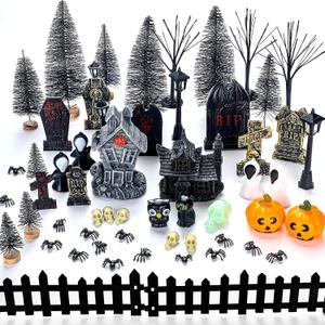 56 Pcs Halloween Village Accessories Set Halloween Haunted House Village Set Miniature Tombstones Tree Fake Spiders Fence Streetlamp Figurines for Home Table Party Decor