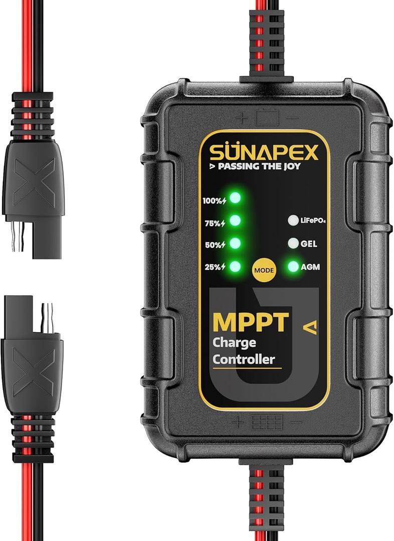SUNAPEX 12V MPPT Solar Charge Controller, Solar Panel Regulator with SAE Connectors, Compatible with SUNAPEX 15W, 25W, 50W Solar Panels, or Other Solar Panels Within 50W, for Gel, AGM,LiFePOBattery
