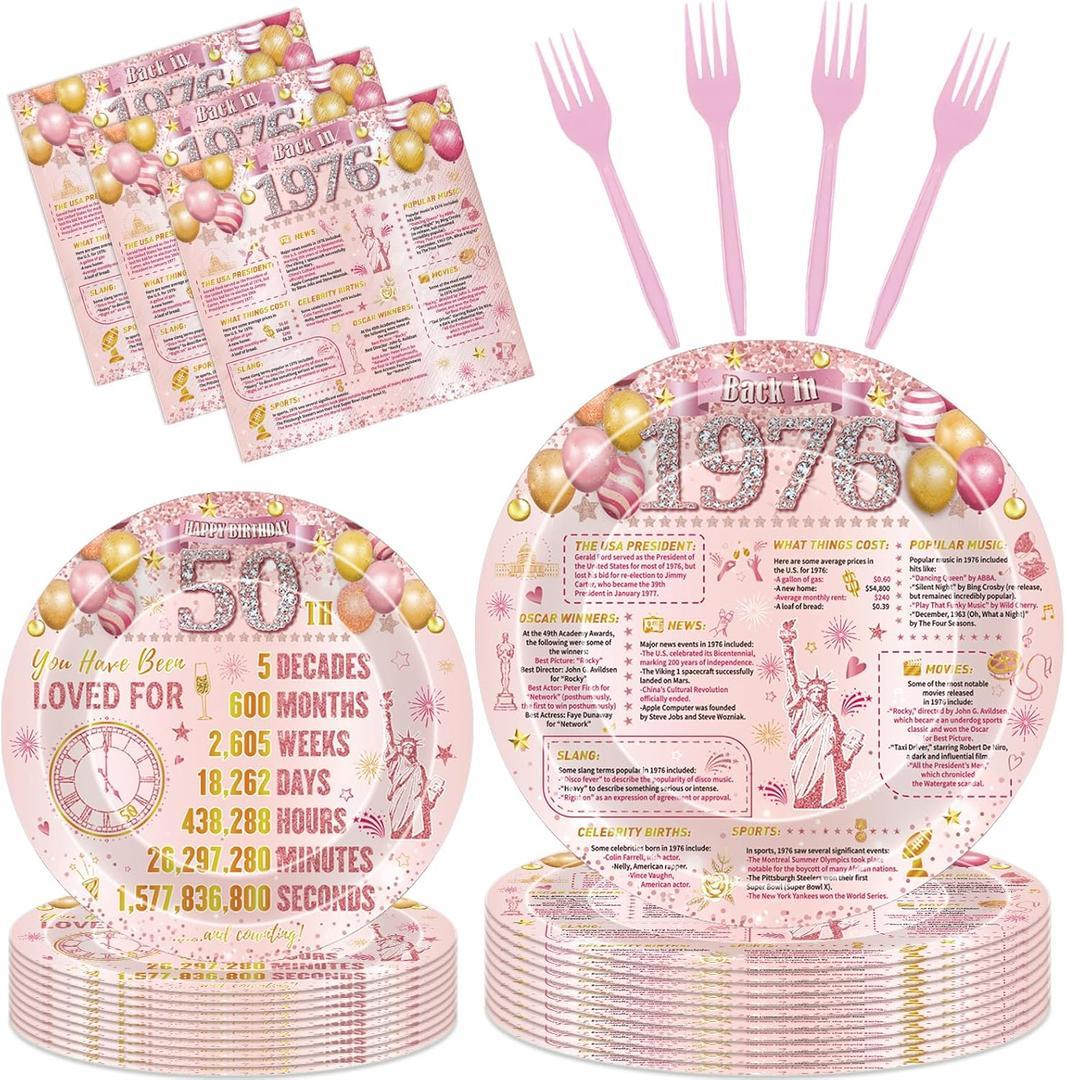 50th Birthday Party Decorations - 96 Pcs Pink Rose Gold Happy 50 Years Old 1976 Paper Party Plates and Napkins Tableware Set Disposable Vintage Cheers Supplies Decor for Women Serves 24 Guests
