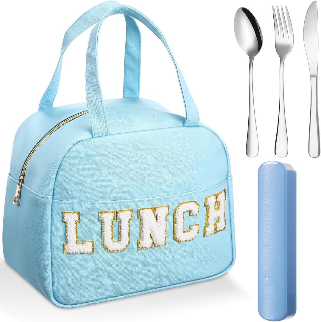 Sanwuta 5 Pcs Preppy Blue Lunch Box Set for Teen Girls Women Insulated Leather Cute Lunch Bag with Utensils Letter Thermal Bento Box for Teen Girls Kids Adult School Travel Office