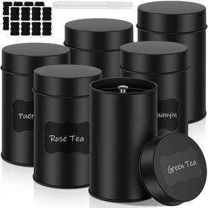 Tanlade 6 Pcs Tea Tin Canister Metal Round Can with Airtight Lid Double Sealed Tea Tin Canisters, with 1 Erasable Chalk Marker and 16 Stickers for Loose Leaf Coffee Sugar, 14 oz