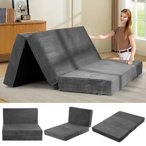 feliz home 6-Inch Tri-Fold Mattress Queen Size - Foldable Futon Sofa Bed with Removable Washable Cover, Folding Memory Foam Futon Mattress | Non-Slip Bottom & Carry Handles for Guest, Camping, Dorm