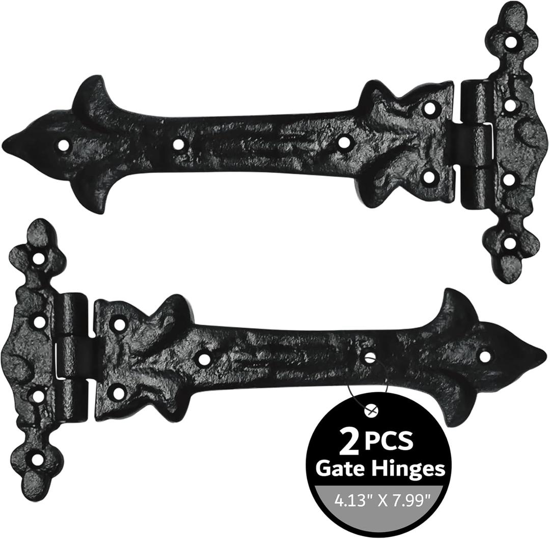Akatva T Hinge Set - 2 Pieces Gate Hinges for Wooden Fences Heavy Duty - Barn Hinges for Doors - Black Hinges  Hinges for Shed Door - Door Hinges Black Matte - Hinges Outdoor - Fence Strap Hinge Set