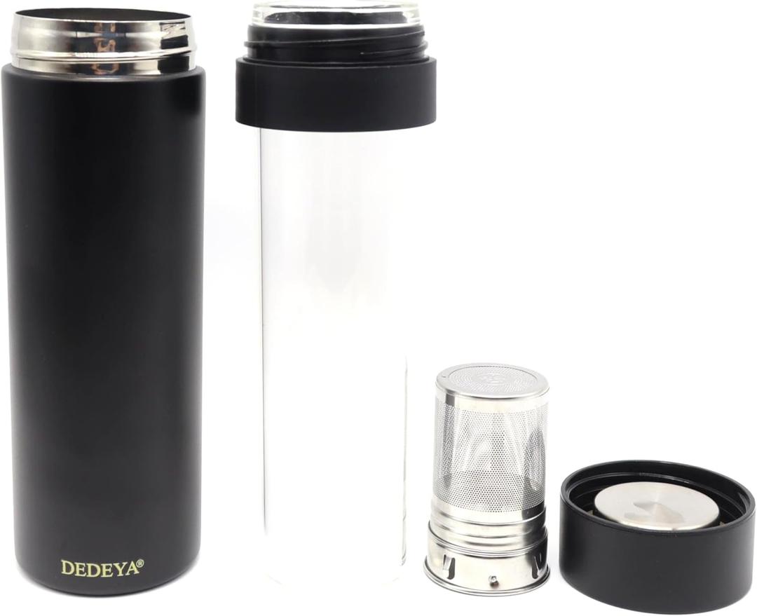 15oz Stainless Steel Vacuum Insulated Water Bottle with glass liner inside,glass lined thermos with Infuser for Hot and Cold drink -Leakproof Travel Mug with Filter (Black,with Tea infuser)