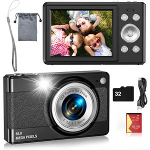 Digital Camera for Kids, FHD 1080P 56MP Autofocus Point and Shoot with 16X Zoom, 32GB TF Card, Battery, Flash, Face Detect, Anti Shake, Compact Travel Cameras for Boys Girls Teens Kids GiftBlack