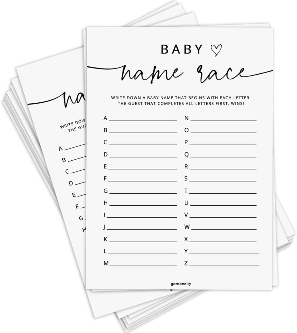 Name Race Baby Shower Game, Boy or Girl, Alphabet Baby Name Race, 50 Pack, Minimalist