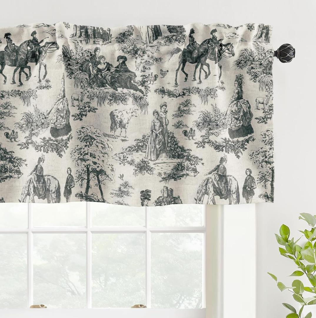 DriftAway Toile Linen Lined Valance Double Layer Thermal Room Darkening Blackout Window Valance Curtain for Kitchen Bathroom Farmhouse French Country Vintage Printed Pattern Single 52 x 18 Inch Black