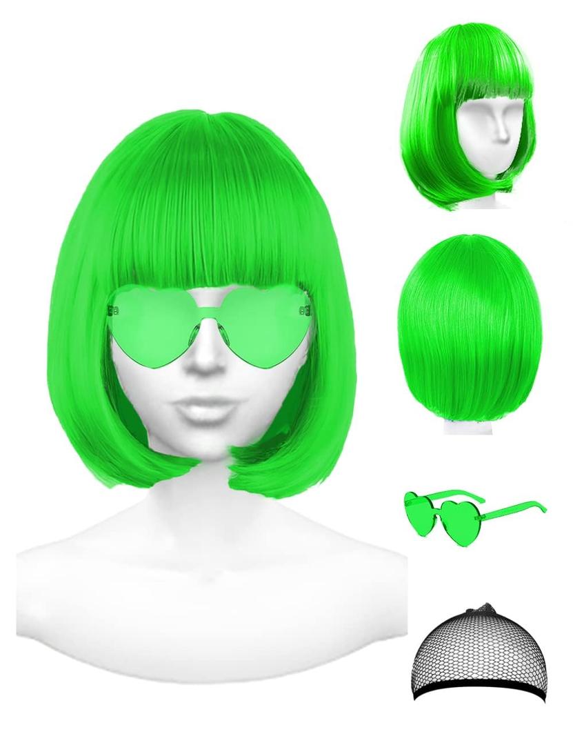 Green Wig and Party Sunglasses, Neon Short Bob Wig, Wigs for Women - Bachelorette St patricks Day Party Wigs Decorations Favors(Green)