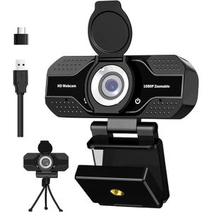 1080P HD Webcam with Microphone, Noise Cancellation, Privacy Cover, Wide-Angle Lens, Auto Light Correction, Plug & Play USB Webcam for Laptop, Desktop, PC, Zoom, Skype, Stream