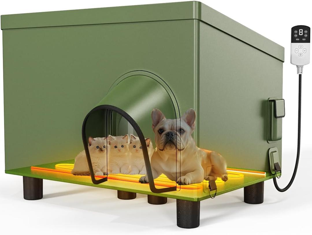 Heated Outdoor Cat House Weatherproof - 26" Outside Winter Waterproof Insulated Feral Warm Shelters - Timing & Temp Adjustable - Covered Weatherproof Elevated Cathouse - Large Animal Hut Home for Dog