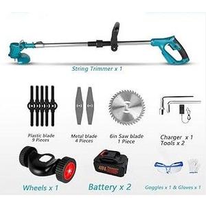 2 x Battery 6.0Ah Cordless Grass Trimmer Electric Weed Wacker with Wheels Grass Trimmer Kit, 48VF Blue Lawn Edger Mower Set Brush Cutter Li-ion Battery Operated for Garden Yard Pruning