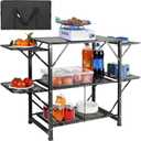VEVOR Camping Kitchen Table, Aluminum Folding Portable Outdoor Cook Station with 4 Iron Side, 2 Shelves & Carrying Bag, Quick Installation for Picnic BBQ Beach Traveling (Black)