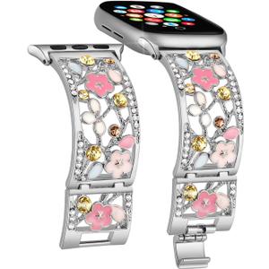 Floral Bracelet Compatible with Apple Watch Band 38mm 40mm 41mm 42mm iWatch Bands Series 11 10 9 8 7 6,Bling Crystal Hollow Metal Strap,Cute Women Dressy Jewelry Wristband(38/40/41/42mm,Silver)