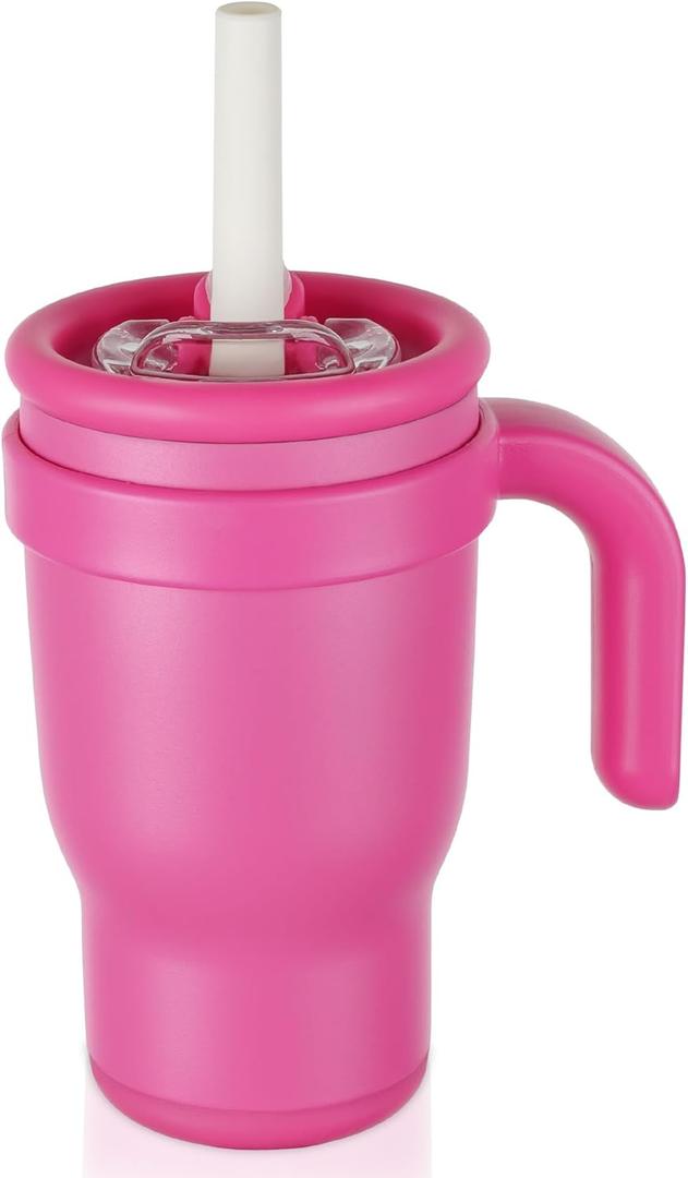 14oz Toddler Sippy Cup Vacuum Insulated Stainless Steel Kids Cup with Handle, Spill-Proof Straw, Leak-Proof Travel Cup for Home or On-the-Go Cup (Hot Pink)